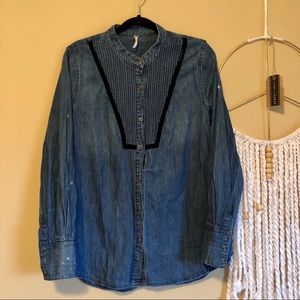Free People Denim Velvet Trim Tuxedo Top